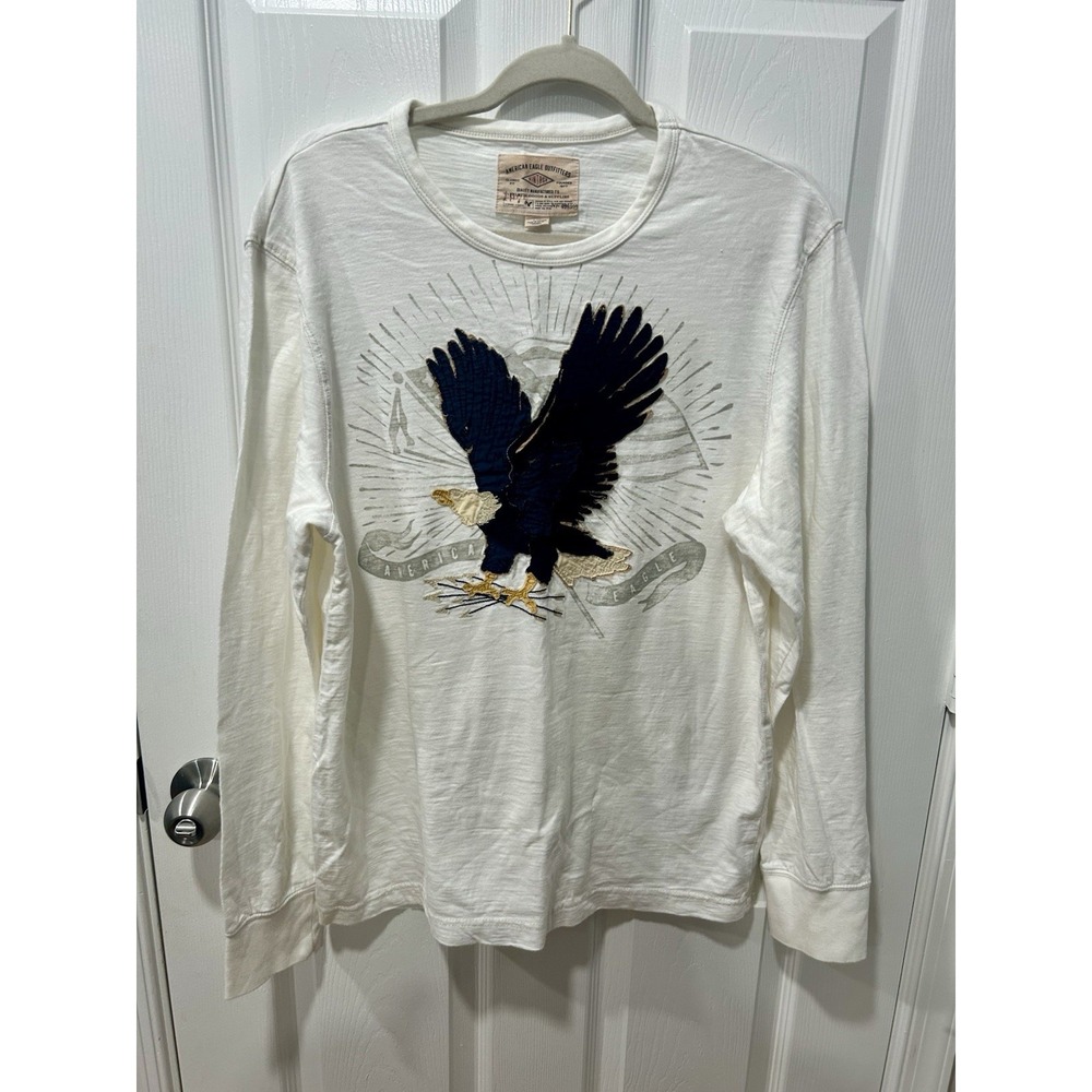 American Eagle Y2K‎ Raised Eagle Applique Emblem White Mens Long Sleeve Large